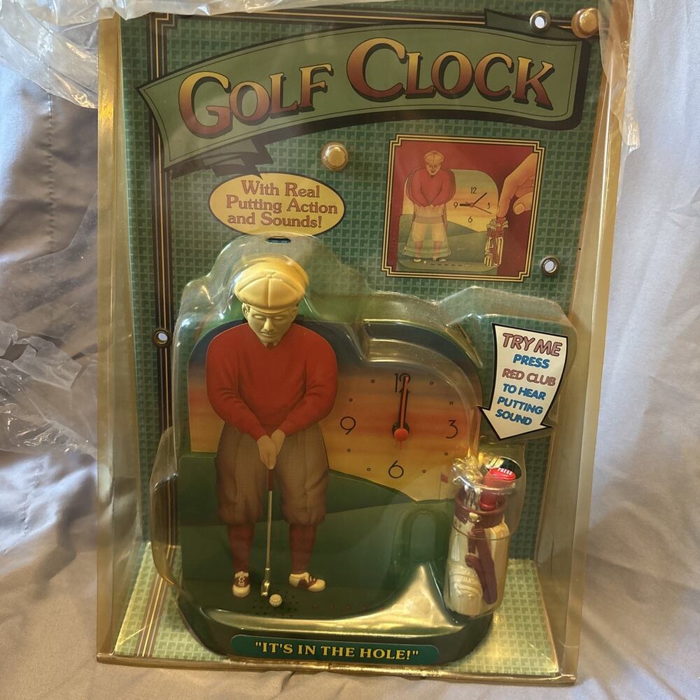 Vtg Golf Clock In Package Animated Figure 90s Novelty Gift For Golfers Dads